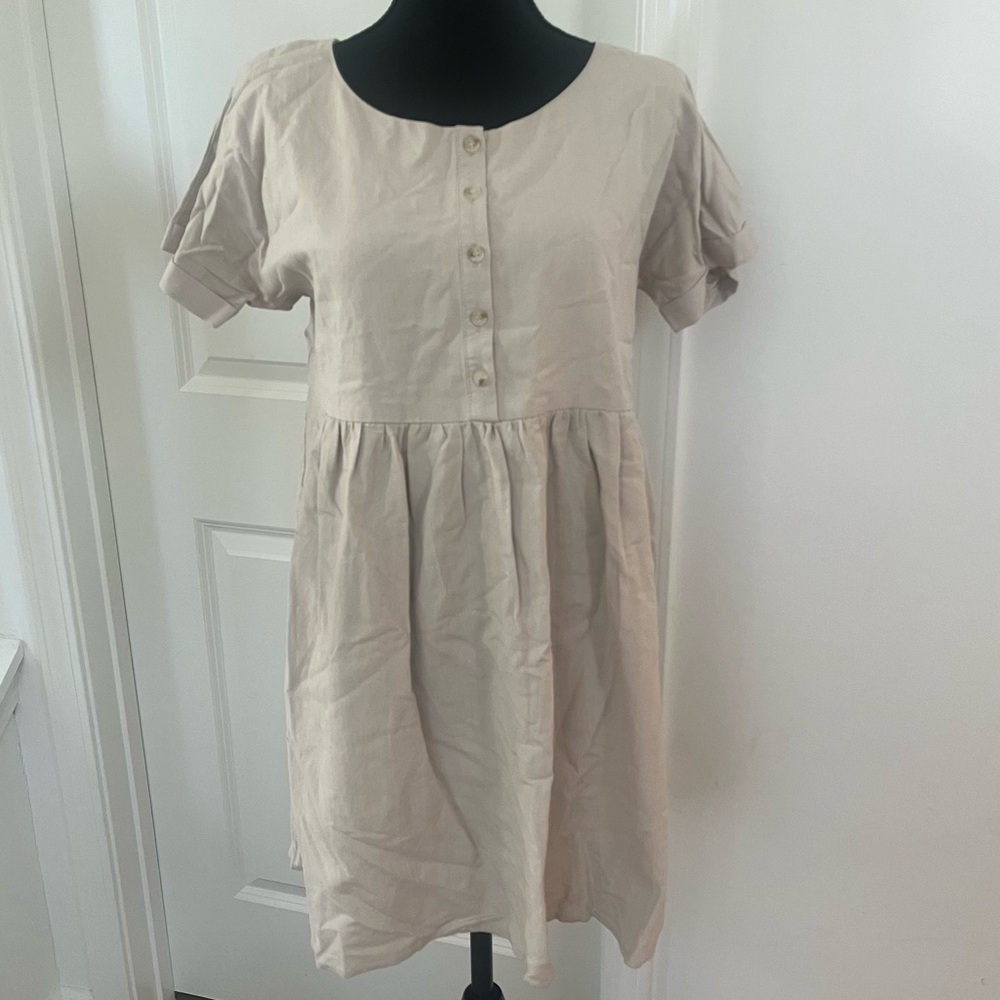 Everly Linen Blend Babydoll Dress Sz Small Tan
